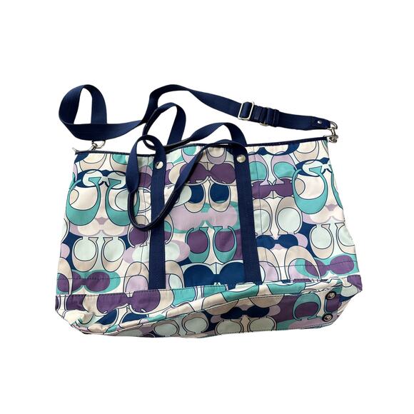 Coach Kyra White Green Blue Logo Printed Dual Top Handle Large Tote Bag - Picture 2 of 12